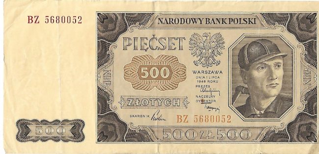 Banknot 500 złotych 1948 r. górnik