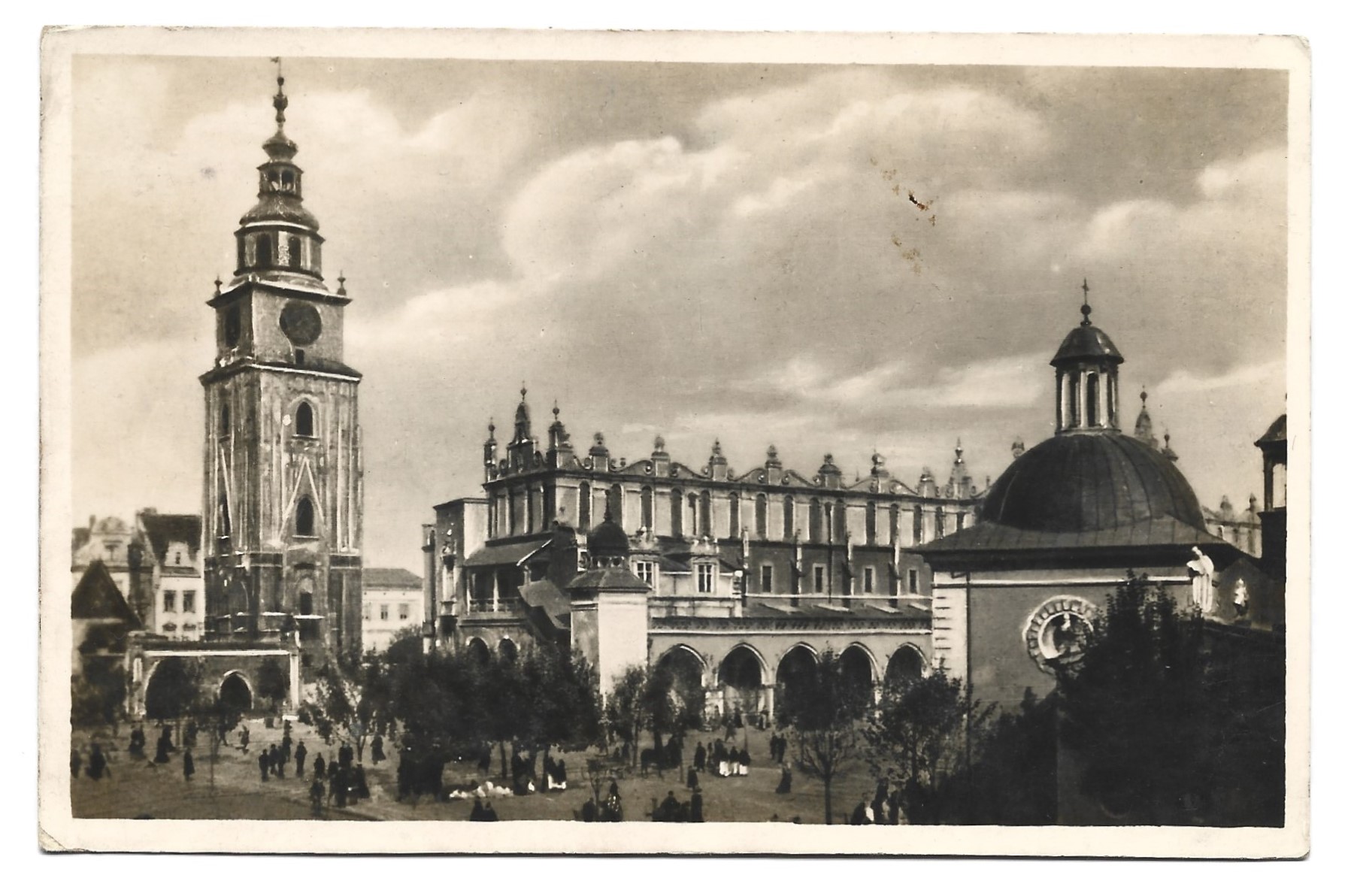 Krakau. Adolf Hitler platz, Rathaus, Tuchhalle, Adalbert Kirche, 1943 r.; znaczek III Rzesza