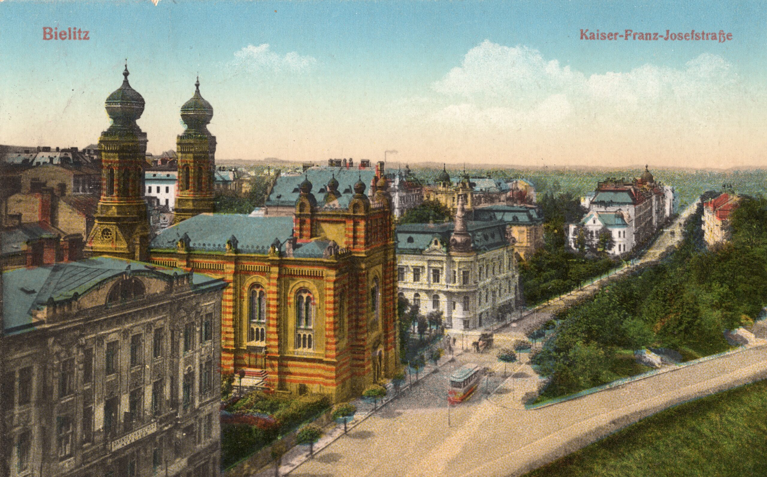 Pocztówka - Bielitz Kaiser-Franz-Josef-Strasse - Synagoga, 1916r.