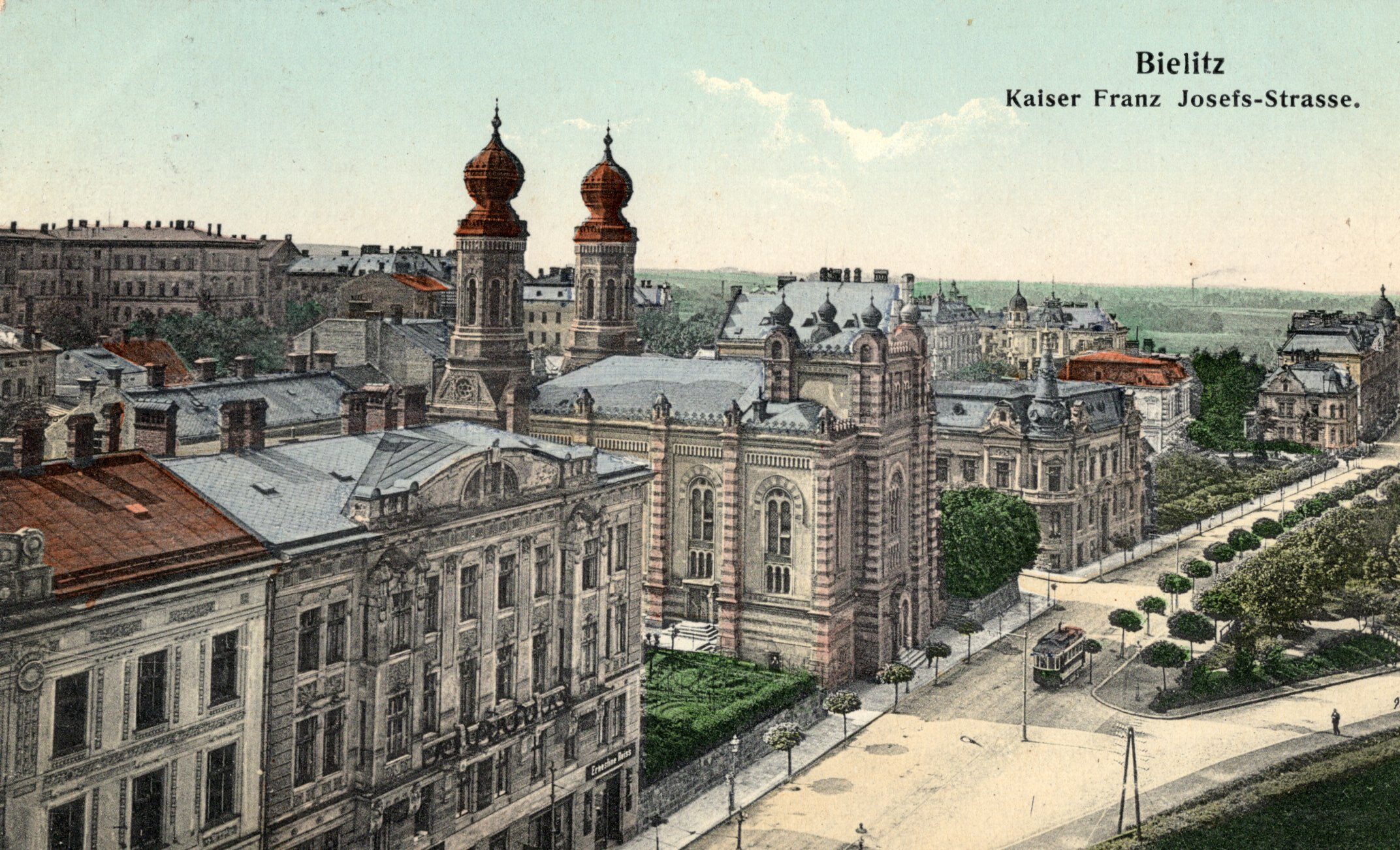 Pocztówka - Bielitz Kaiser Franz Josefs-Strasse - Synagoga, 1908r.