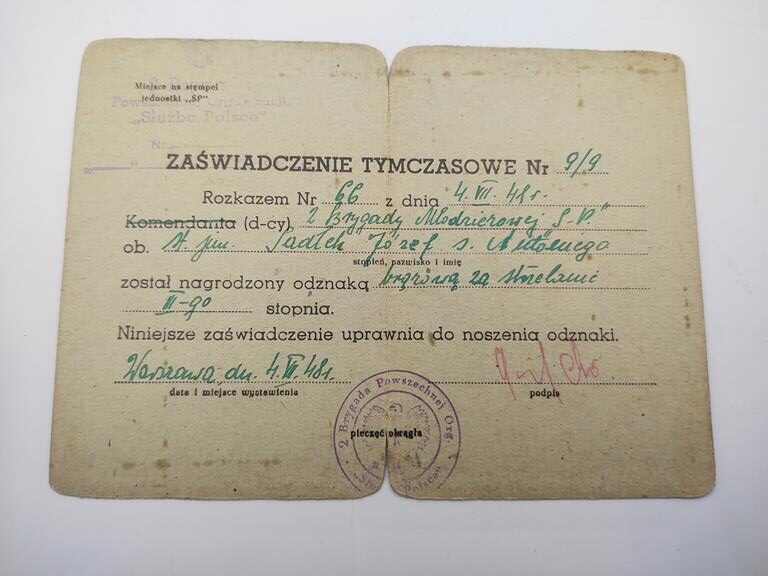 Zaświadczenie tymczasowe - 2 Brygada Młodzieżowa "Służba Polsce" 1948 r. - odznaka brązowa za strzelanie