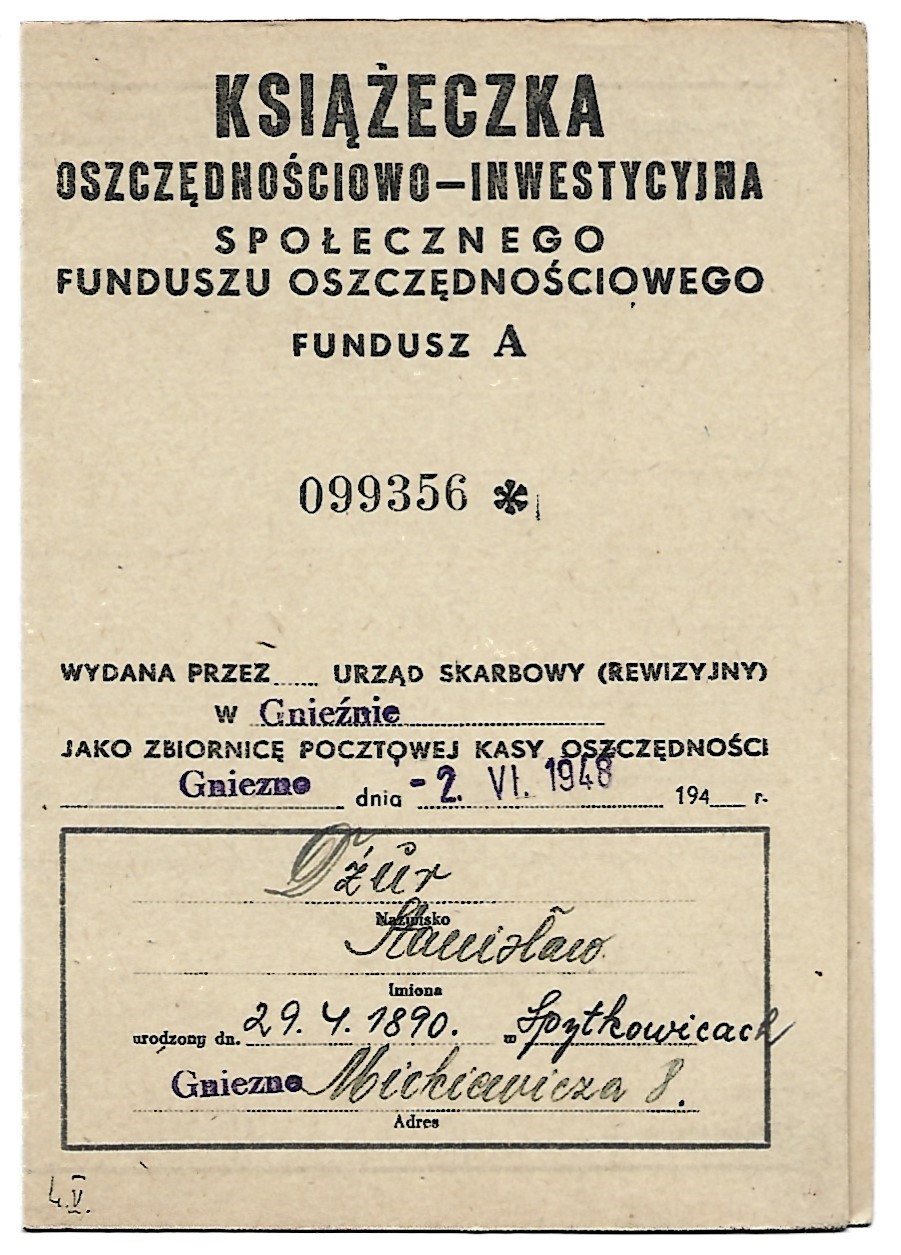 Książeczka Oszczędnościowo-Inwestycyjna; Gniezno, 1948 r.