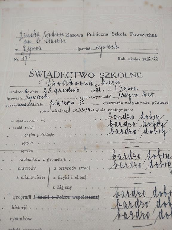 Świadectwo szkolne II RP - Żywiec 1932 r.