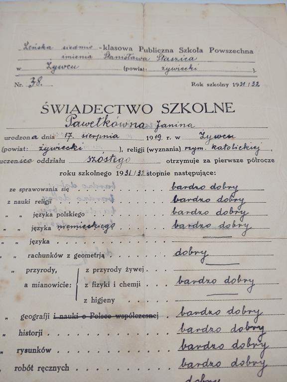 Świadectwo szkolne - Żywiec; II RP, 1932 r.