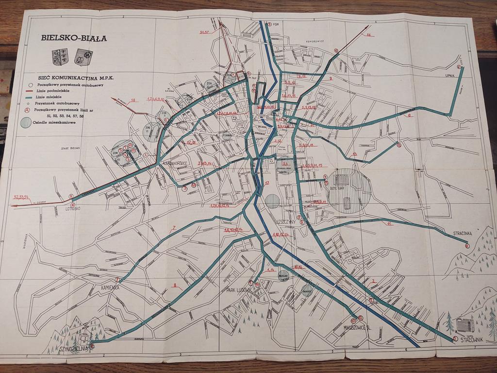 Mapa - Informator komunikacyjny MPK w Bielsku-Białej, 1973-1974 r.
