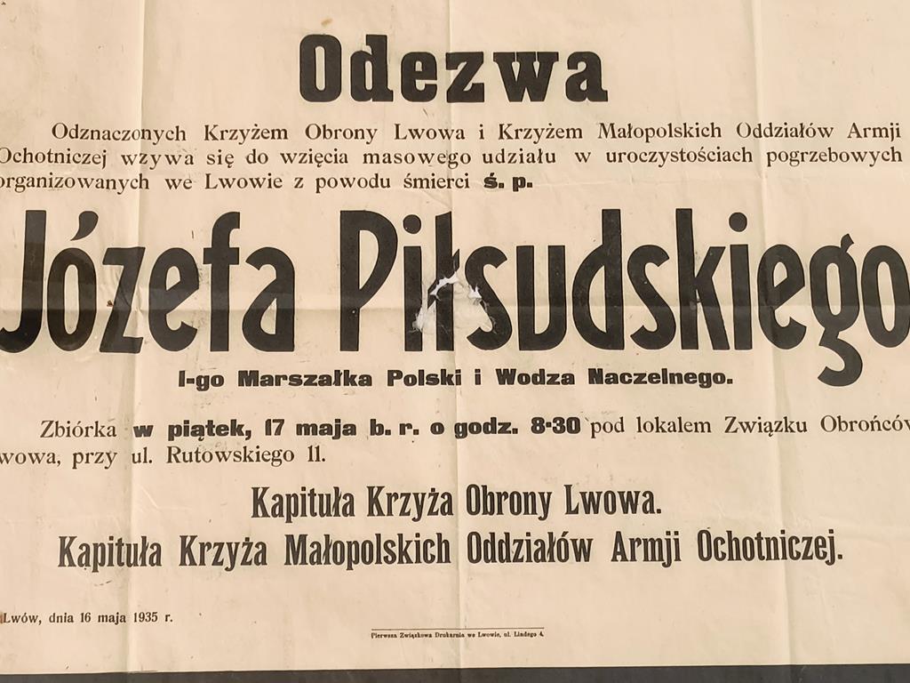 Oryginalny plakat pogrzebowy - Józef Piłsudski, II RP