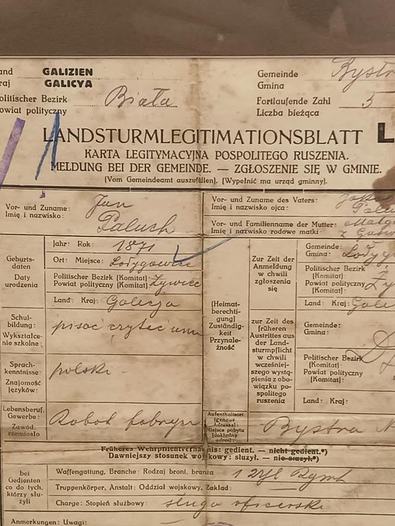 Karta legitymacyjna pospolitego ruszenia - Bystra, 1915 r.