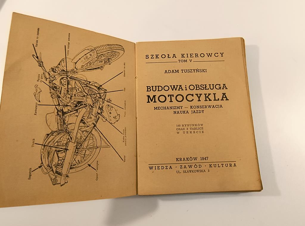 Książka "Budowa i obsługa motocykla" Adam Tuszyński, 1947r.