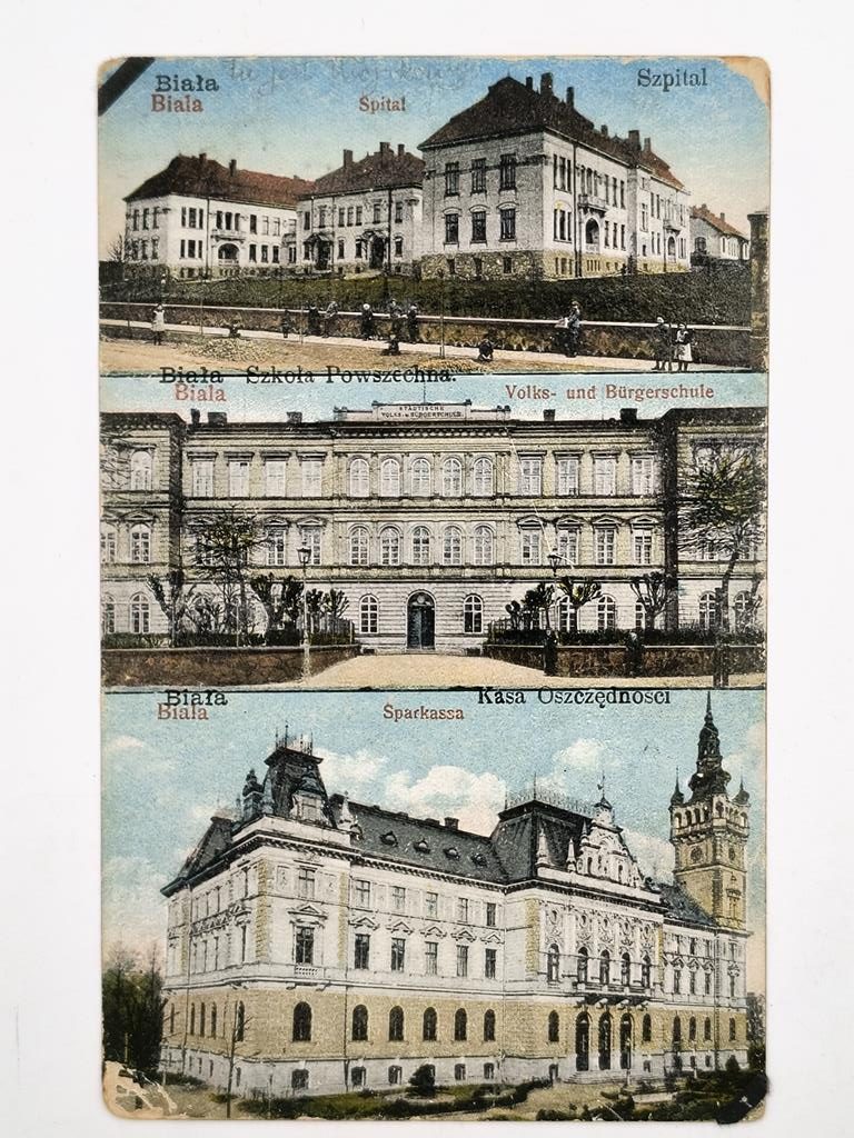 Pocztówka - BIAŁA. Szpital. Szkoła Powszechna. Kasa Oszczędności, 1920 r. (Bielsko-Biała)