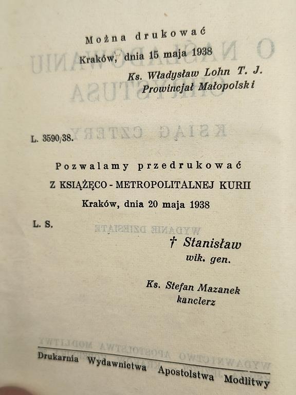 Książeczka "O naśladowaniu Chrystusa" Tomasz A. Kempis, 1938 r.