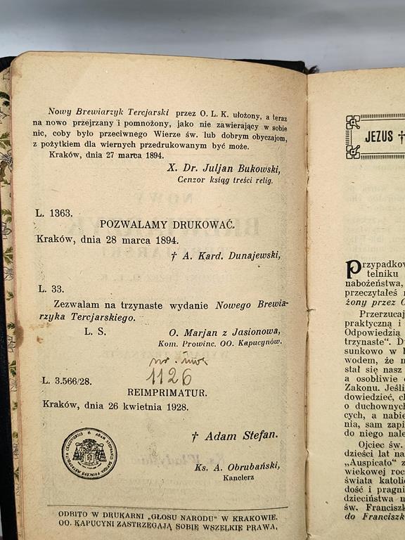 Książeczka "Nowy brewiarzyk tercjarski", 1928 r.