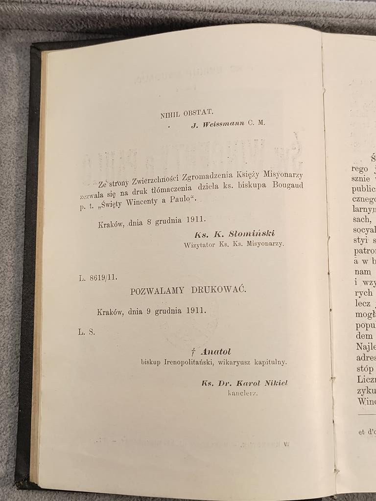 Książka "Św. Wincenty a Paulo" Ks. Biskup Bougaud, tł. Ks. Stanisław Konieczny; 1912 r.