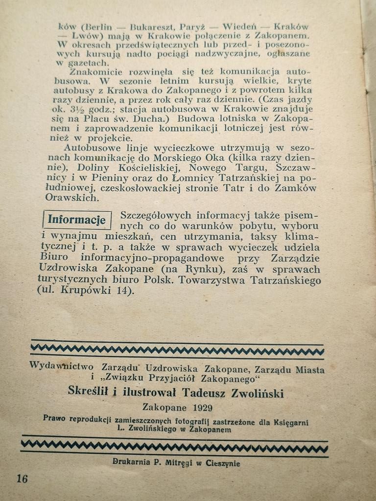 Książka "Zakopane - całoroczne uzdrowisko wysokogórskie i stacja turystyczno-sportowa w Tatrach" Tadeusz Zwoliński, 1929 r.