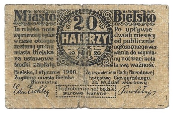 Banknot - 20 halerzy, Miasto Bielsko, 1920 r. - 20 heller, Stadt Bielitz