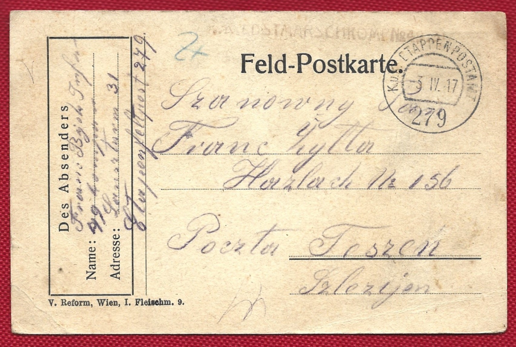 Feld-Postkarte - Pocztówka polowa, 1917 r., Teschen-Cieszyn