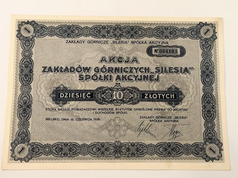 Akcja Zakładów Górniczych SILESIA - 10 złotych - Bielsko, 1928 r.