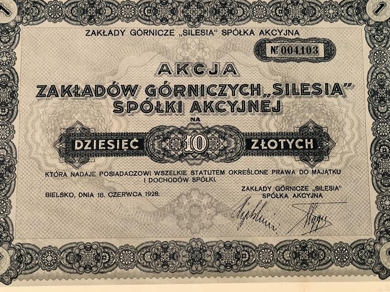 Akcja Zakładów Górniczych SILESIA - 10 złotych - Bielsko, 1928 r.