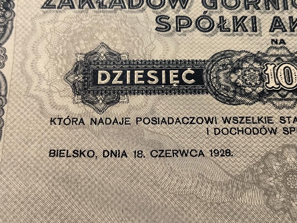 Akcja Zakładów Górniczych SILESIA - 10 złotych - Bielsko, 1928 r.