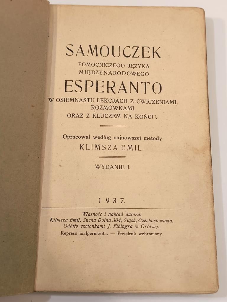 Książka - Samouczek języka esperanto - Emil Klimsza, 1937 r.