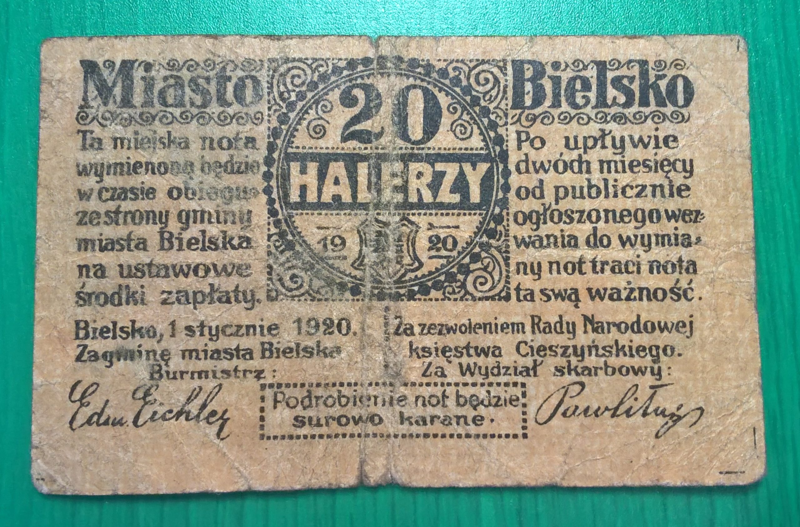 Banknot - 20 halerzy, Miasto Bielsko, 1920 r. - 20 heller, Stadt Bielitz