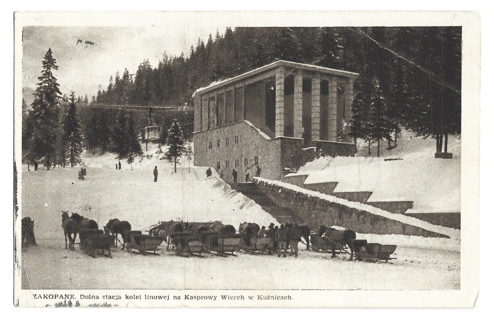 Pocztówka - Zakopane. Dolna stacja kolei linowej na Kasprowy Wierch w Kuźnicach, 1950 r.