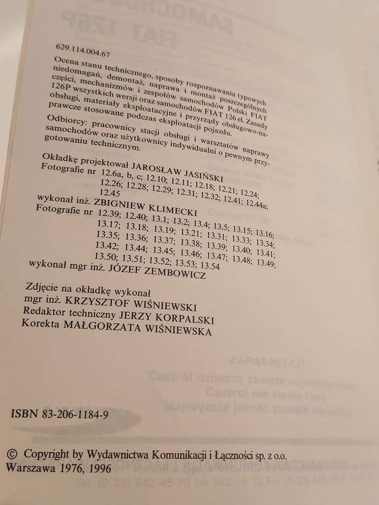 Książka "Naprawa samochodów Fiat 126p" Z. Klimecki, J. Zembowicz, 1996 r.