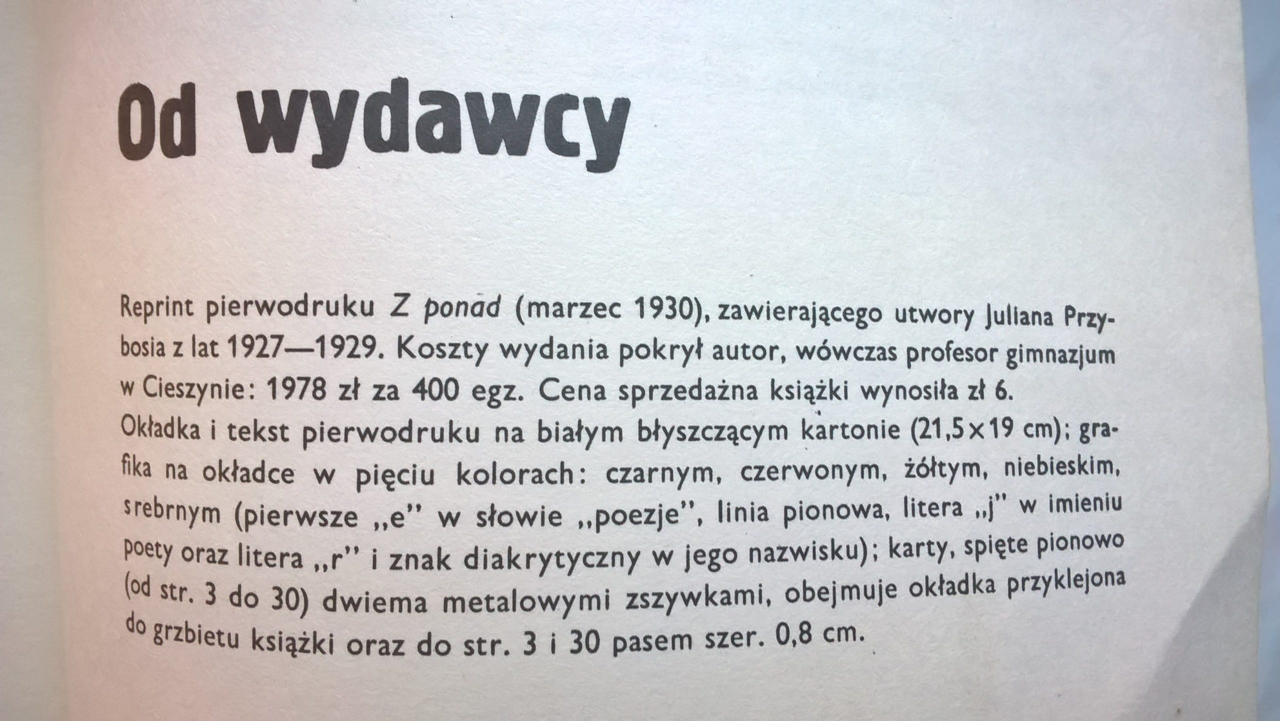 Książka "Z ponad" Julian Przyboś i Władysław Strzemiński, 1930 r. - reprint 1988 r.