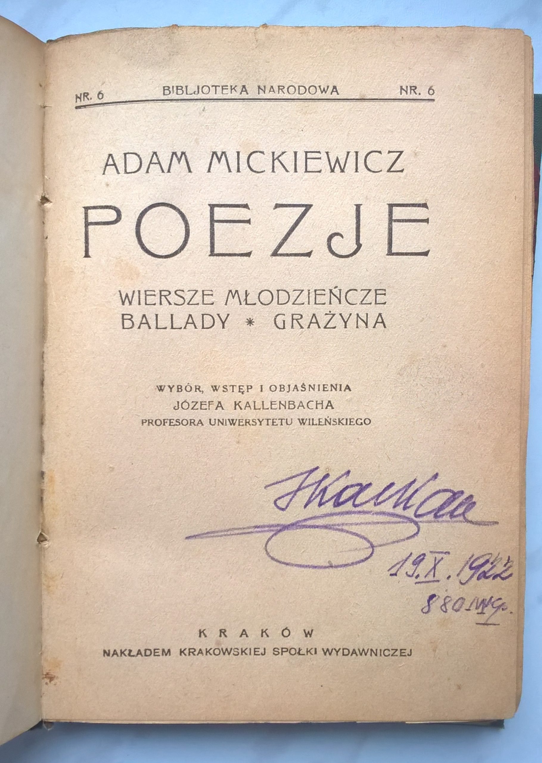 Książka "Adam Mickiewicz POEZJE - wiersze młodzieńcze, ballady, Grażyna", 1919 r.