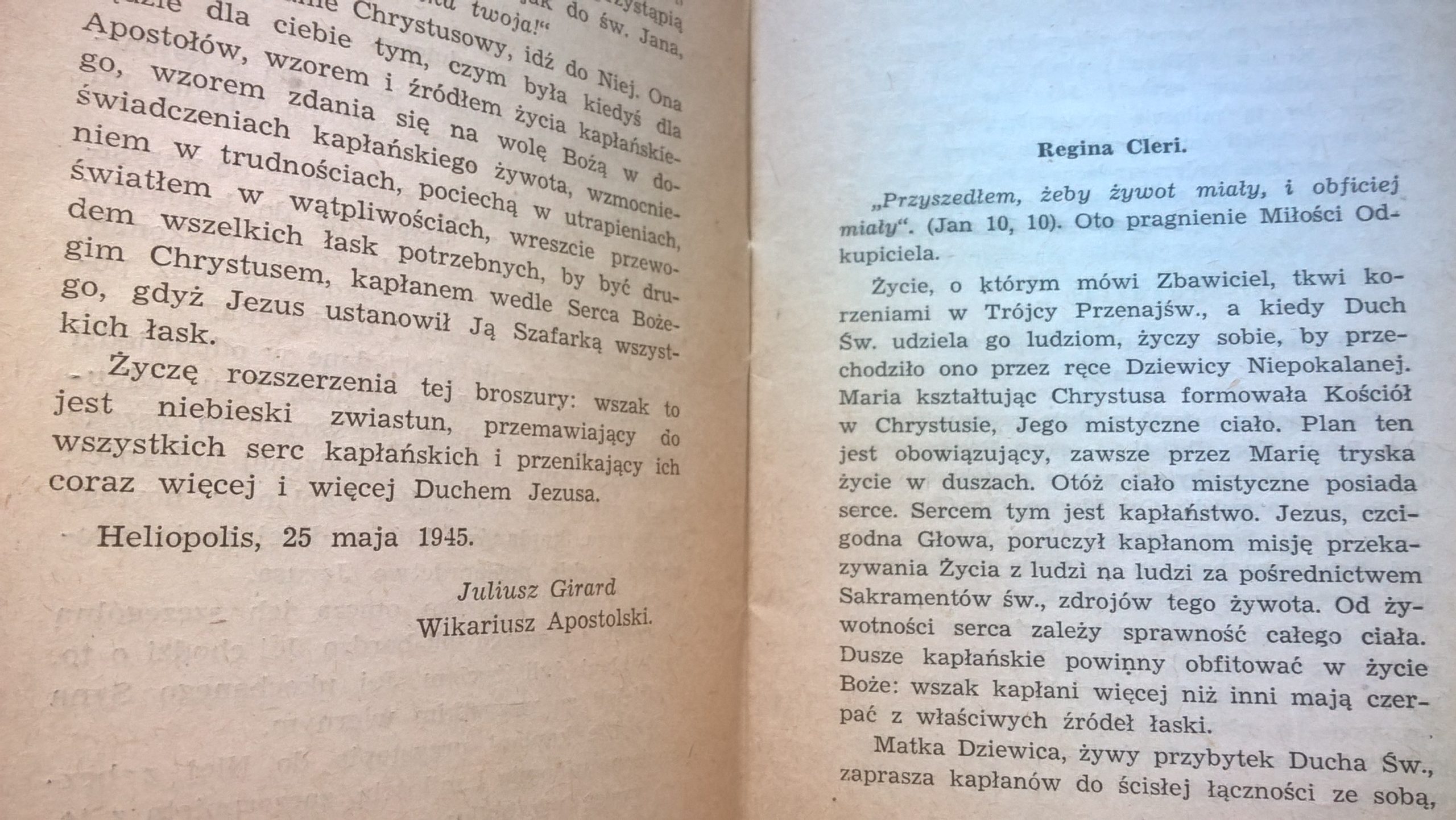 Książeczka "Regina Cleri - Serce Marii a kapłan", tłumaczenie Ks. Józef Pachucki, 1947 r.