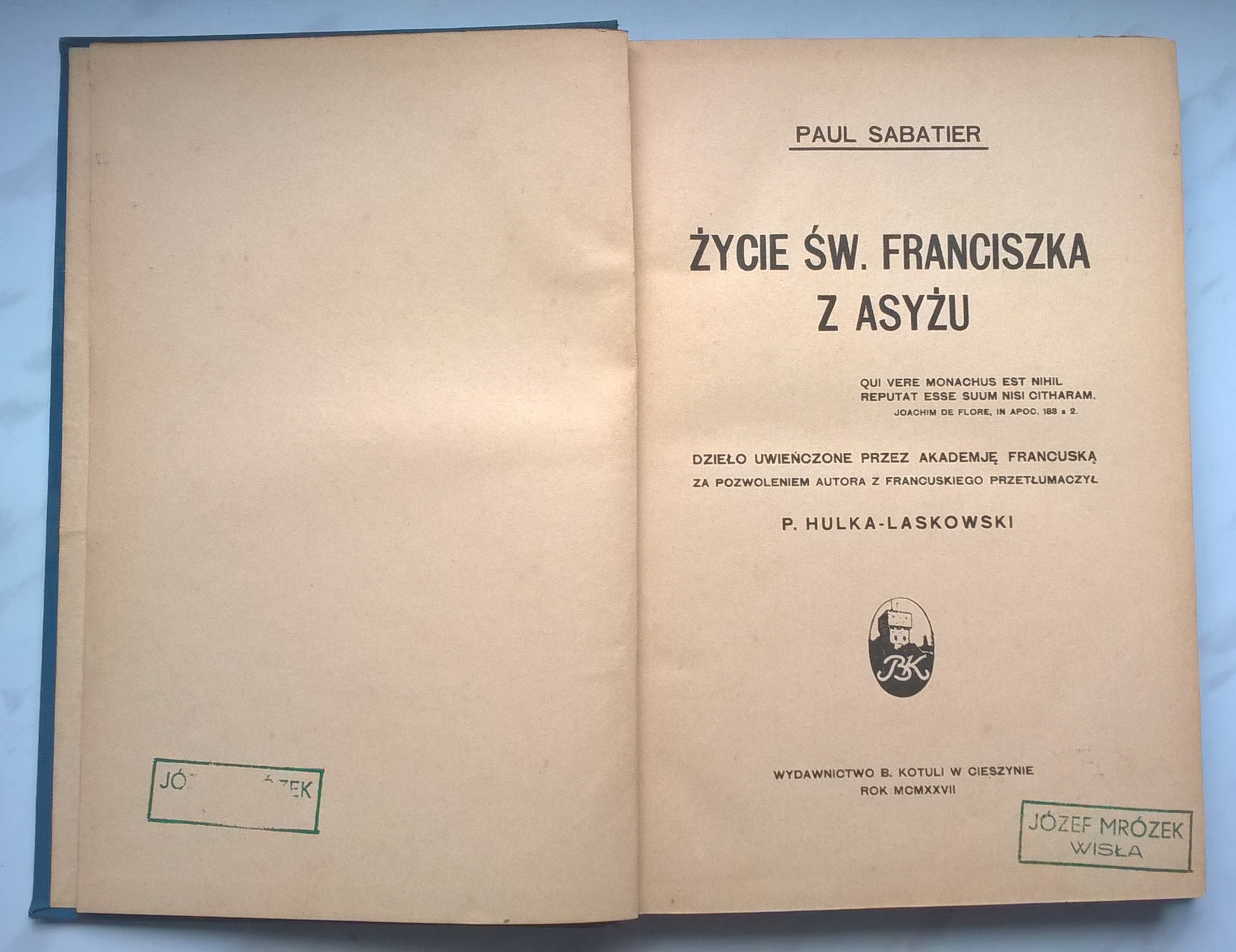 Książka "Życie Św. Franciszka z Asyżu" Paul Sabatier, 1927 r.