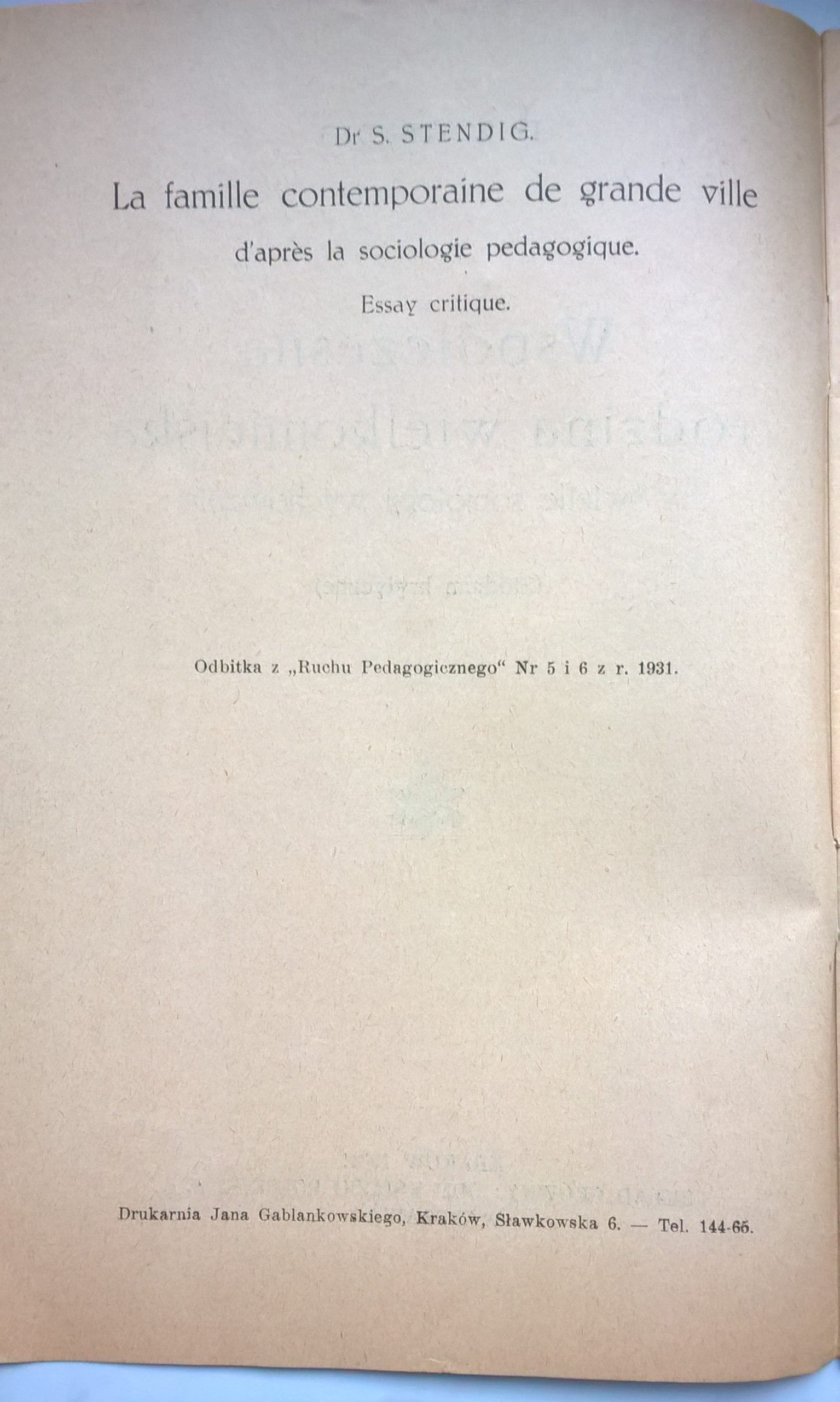 Broszurka "Współczesna rodzina wielkomiejska w świetle socjologji wychowania" Dr S. Stendig, 1931 r.