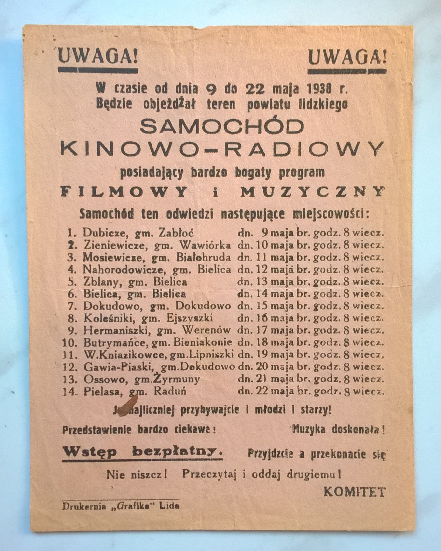 Ulotka - zaproszenie na przedstawienie - powiat lidzki, 1938 r. - Kresy Wschodnie