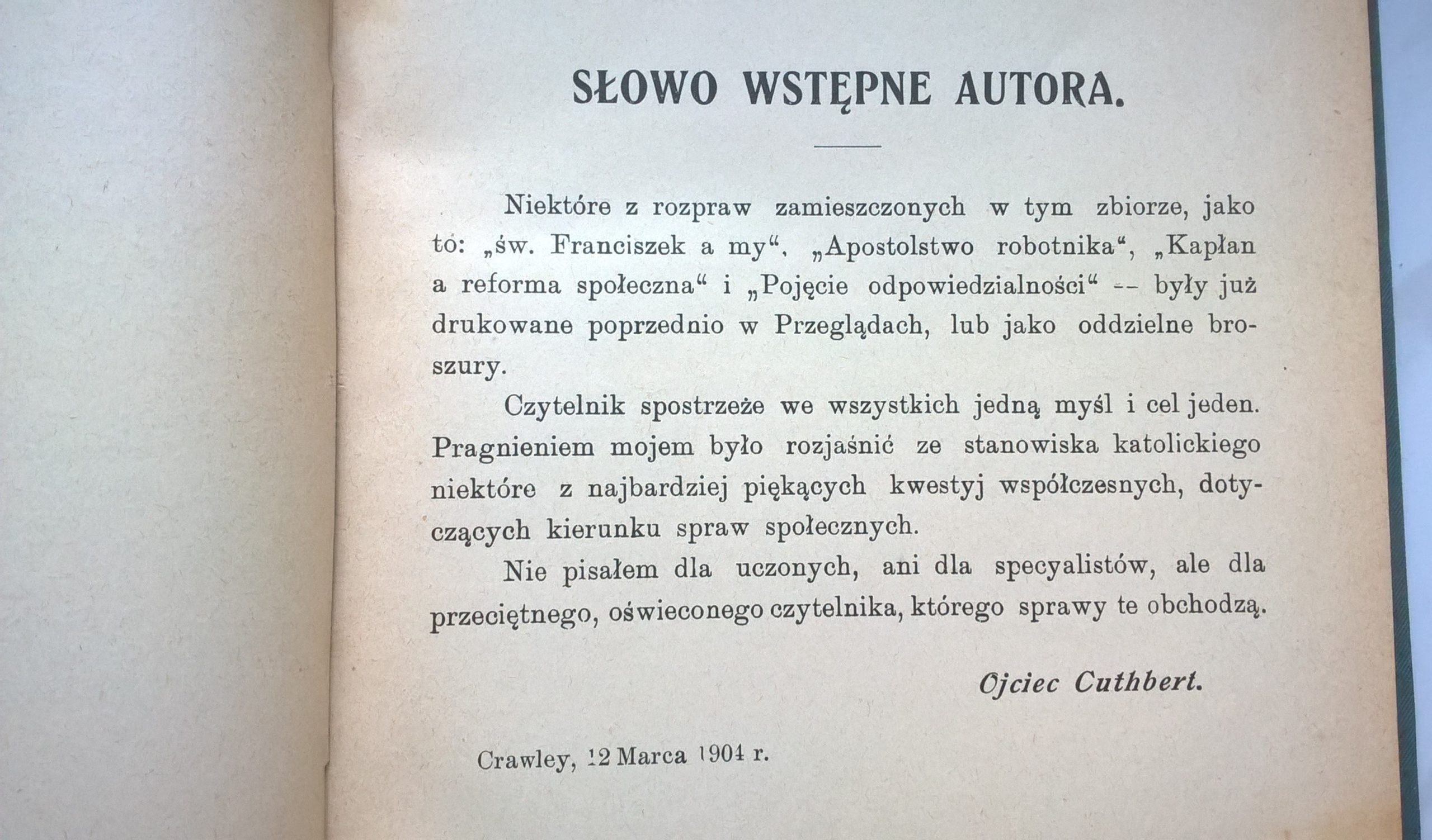 Książka "Ideały katolicko-społeczne" O. Cutbert Z. S. O. Fr., 1908 r.