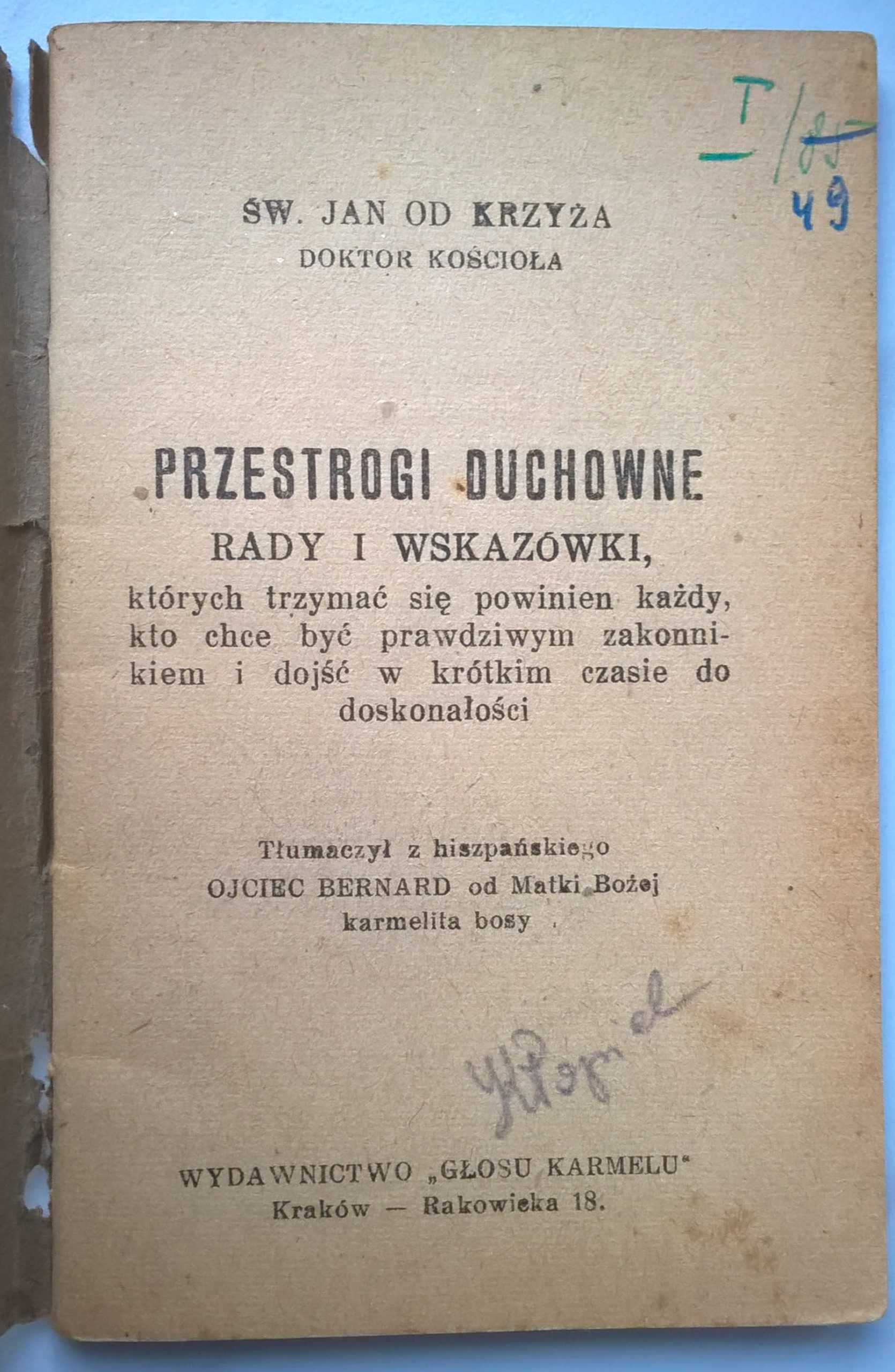 Książeczka "Przestrogi Duchowne" Św. Jan od Krzyża, Doktor Kościoła, 1936 r.