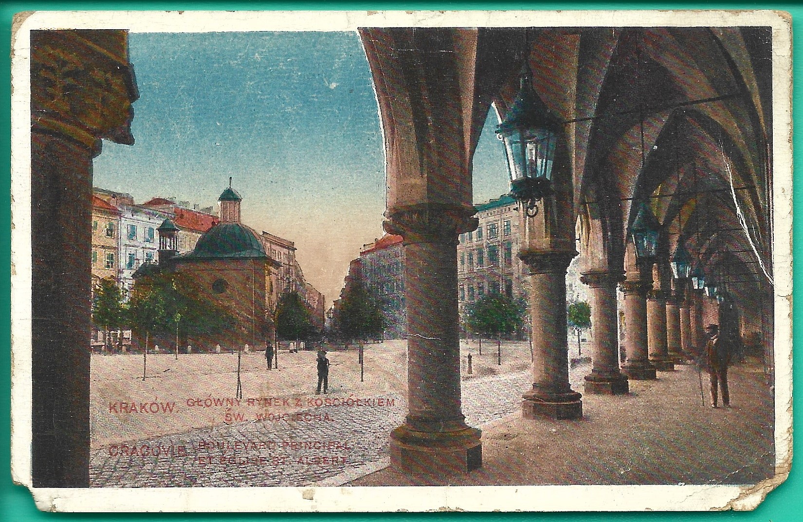 Pocztówka - Kraków. Główny Rynek z kościółkiem Św. Wojciecha, 1920-1921 r.