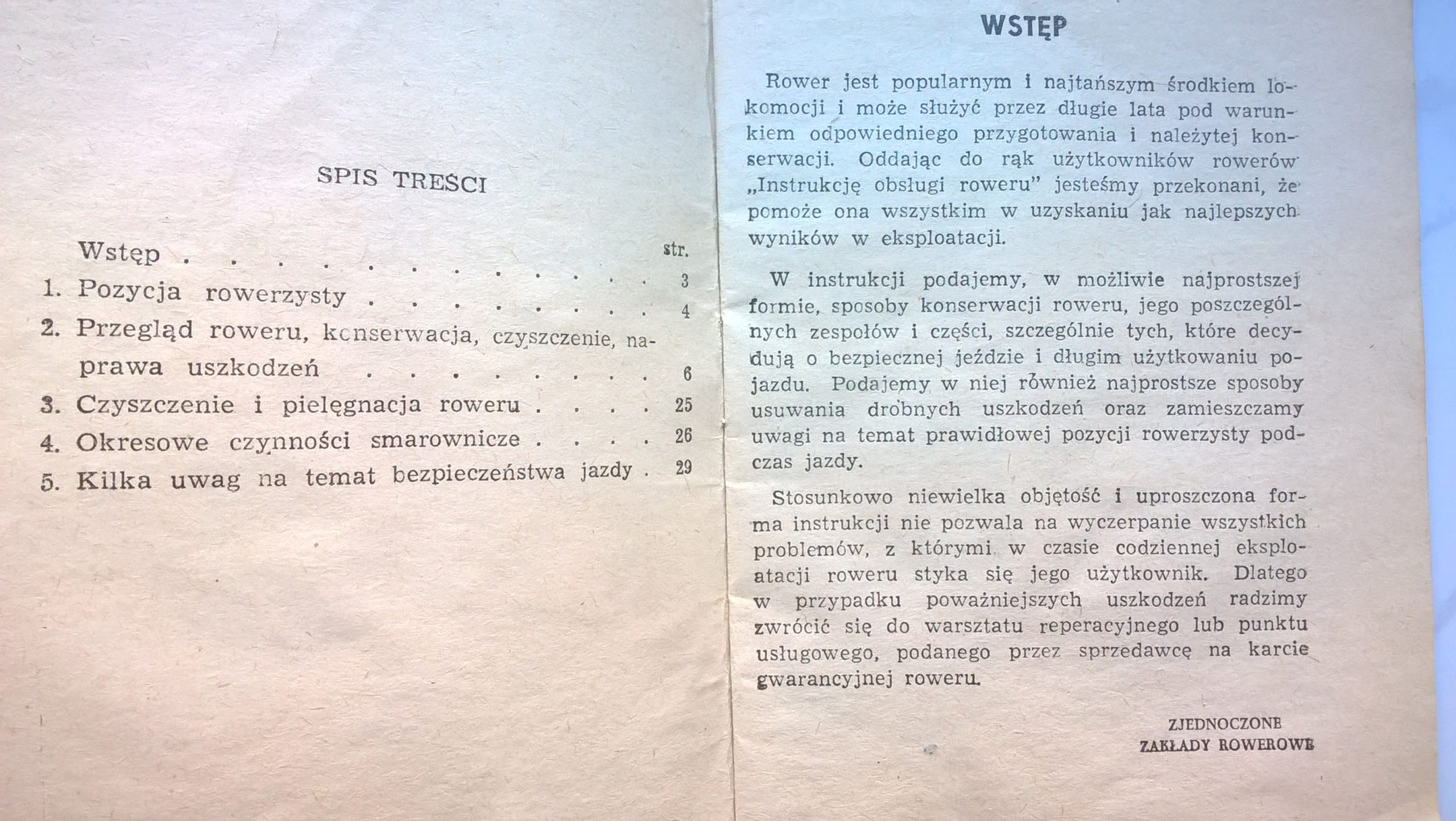 Instrukcja obsługi rowerów - Zjednoczone Zakłady Rowerowe w Bydgoszczy, 1965 r.