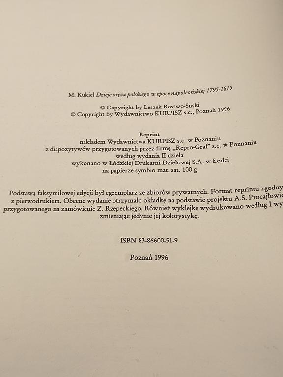 Książka "Dzieje oręża polskiego w epoce napoleońskiej" dr Maryan Kukiel, 1912 r. - reprint 1996 r.