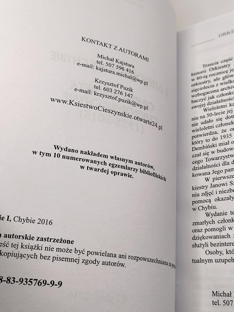 Książka "Z dziejów gminy Chybie. Orkiestra dęta Cukrowni Chybie" M. Kajsutra, K. Puzik, 2016 r.