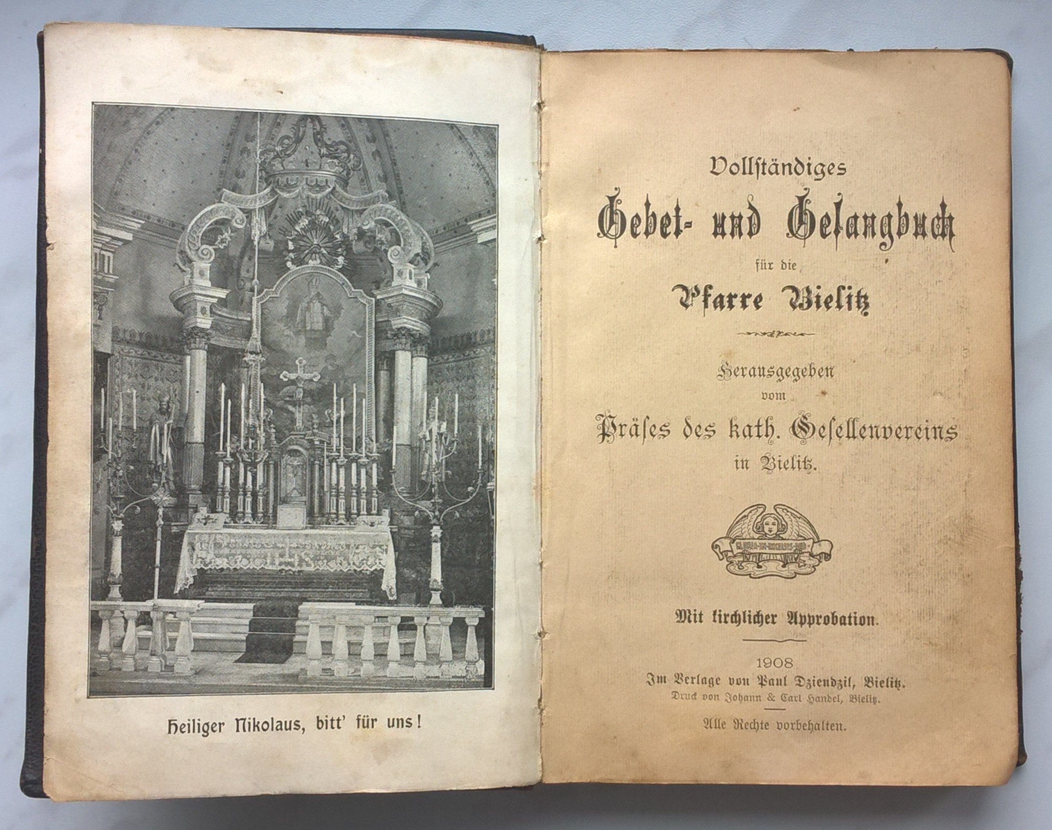 Modlitewnik i śpiewnik dla parafii Bielsko - "Gebet und Gefangbuch fur die Pfarre Bielitz", 1908 r.