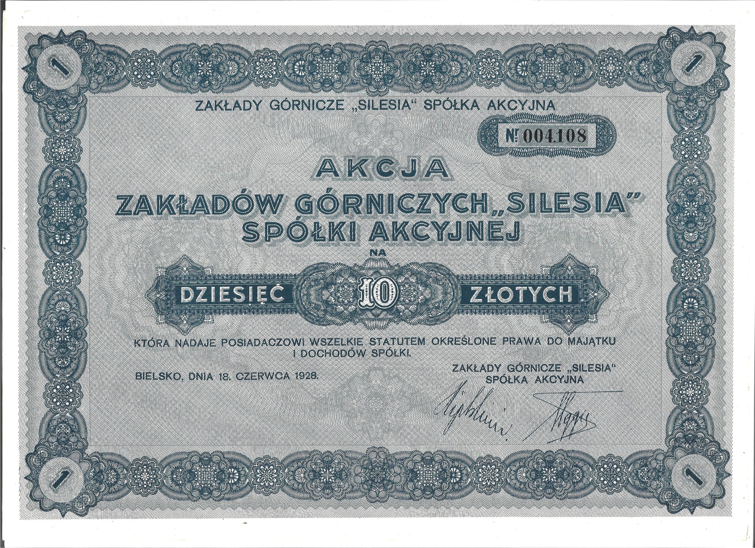 Akcja Zakładów Górniczych "Silesia" Spółki Akcyjnej na 10 złotych, Bielsko, 1928 r.