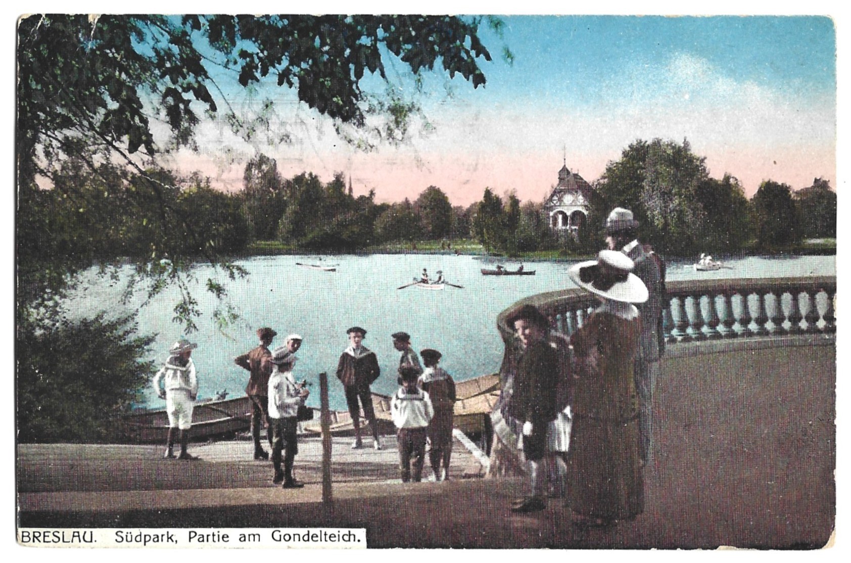 Pocztówka - Wrocław. Park Południowy, część stawu gondolowego - Breslau. Südpark, Partie am Gondelteich - 1915 r.