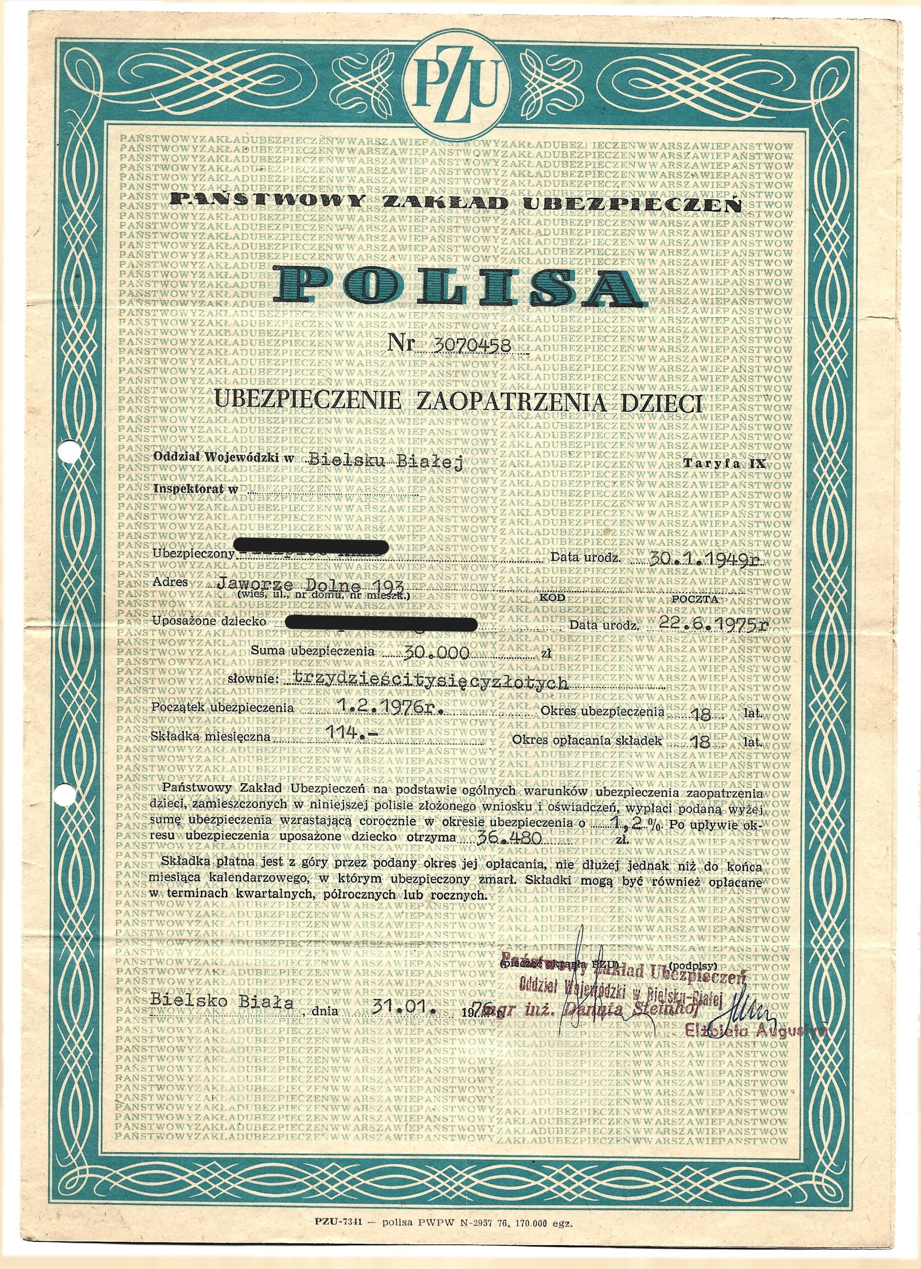 Polisa PZU - Ubezpieczenie Zaopatrzenia Dzieci, Bielsko-Biała, 1976 r.