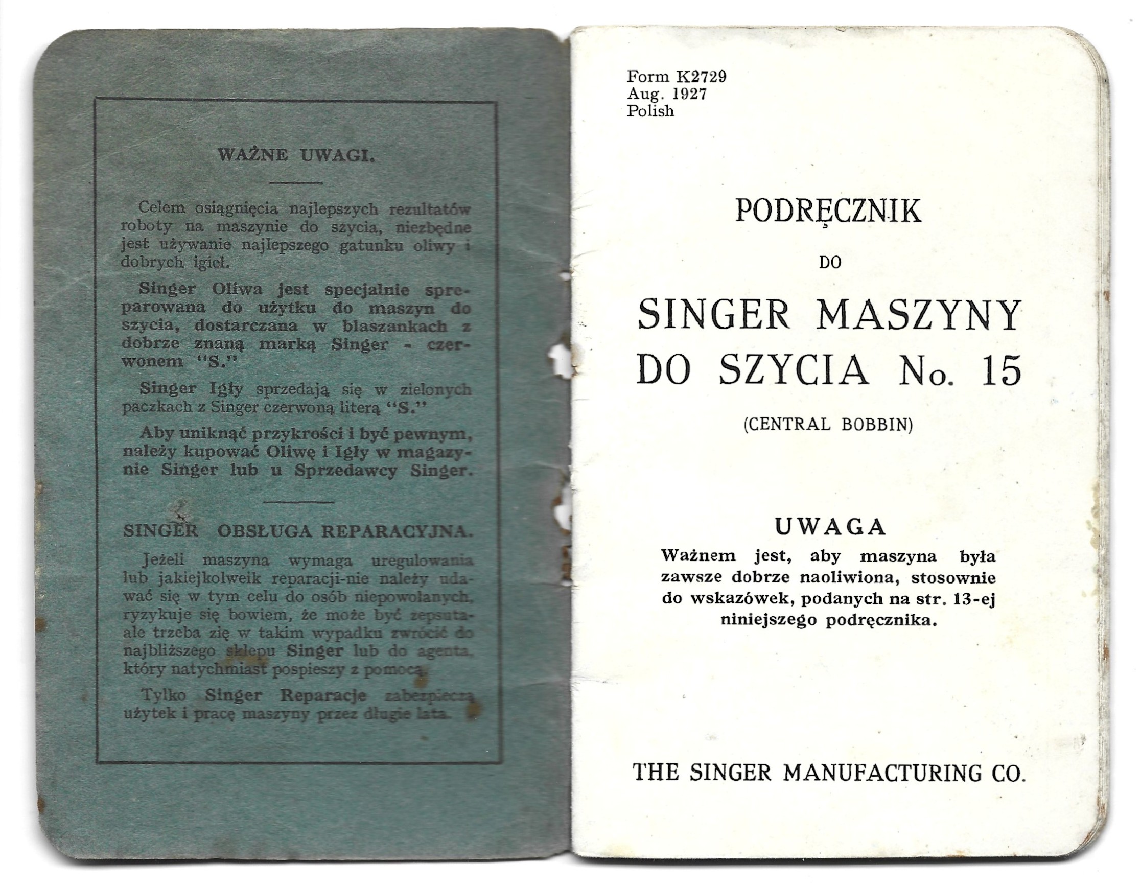 Książeczka "Podręcznik do Singer maszyny do szycia No. 15 - Central Bobbin", 1927 r.