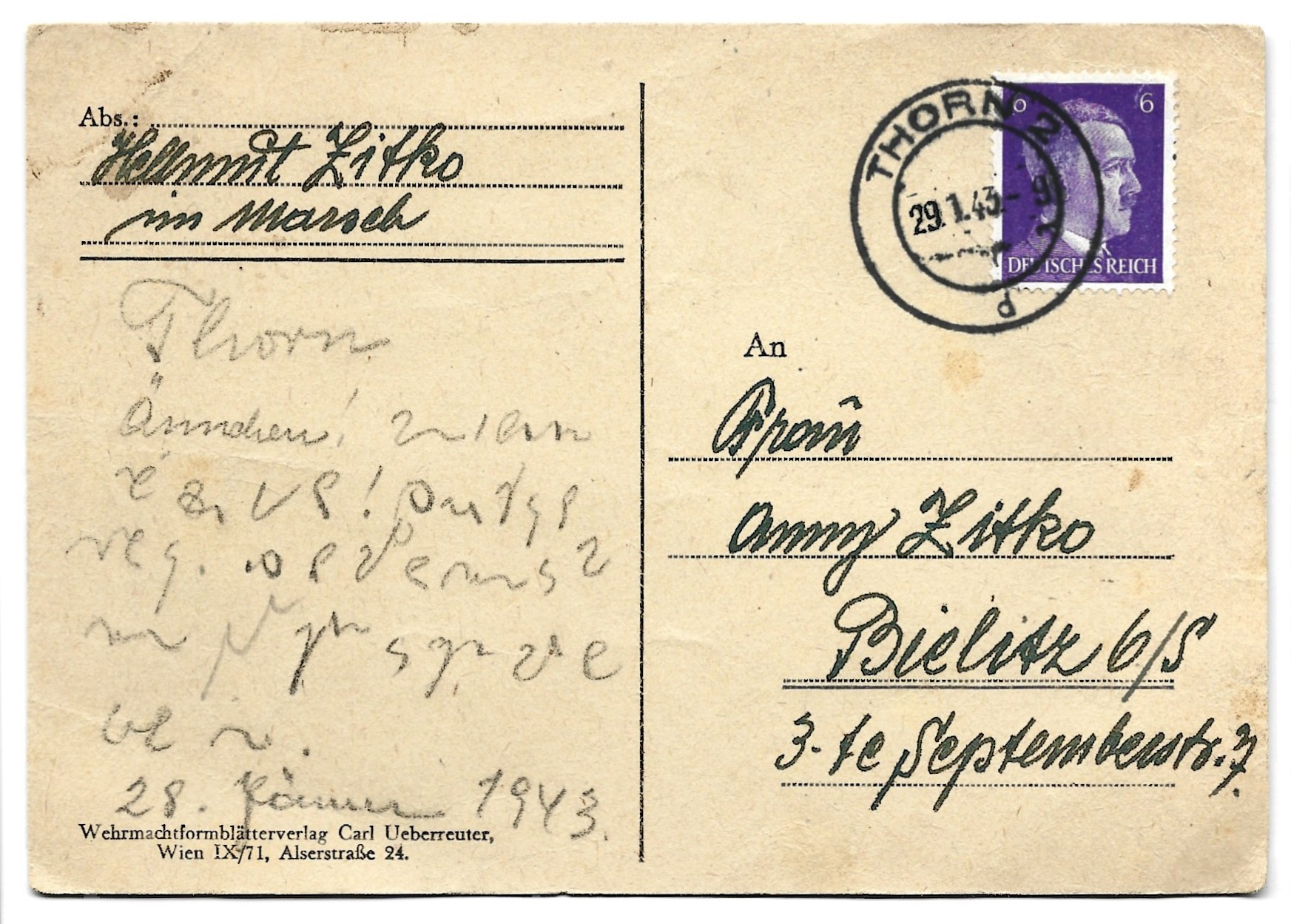 Kartka pocztowa - formularz Wehrmachtu: Thorn-Bielitz / Toruń-Bielsko, 1943 r.