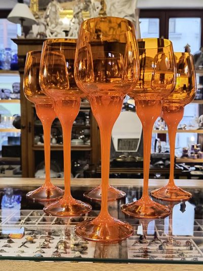 Komplet 6 kielichów szklanych, pomarańczowych - Ludwik Fiedorowicz, Ząbkowice
