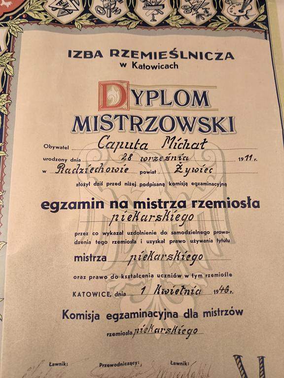 Dyplom mistrzowski - rzemiosło piekarskie, Katowice, 1946 r.
