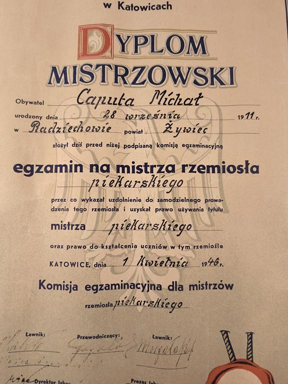 Dyplom mistrzowski - rzemiosło piekarskie, Katowice, 1946 r.