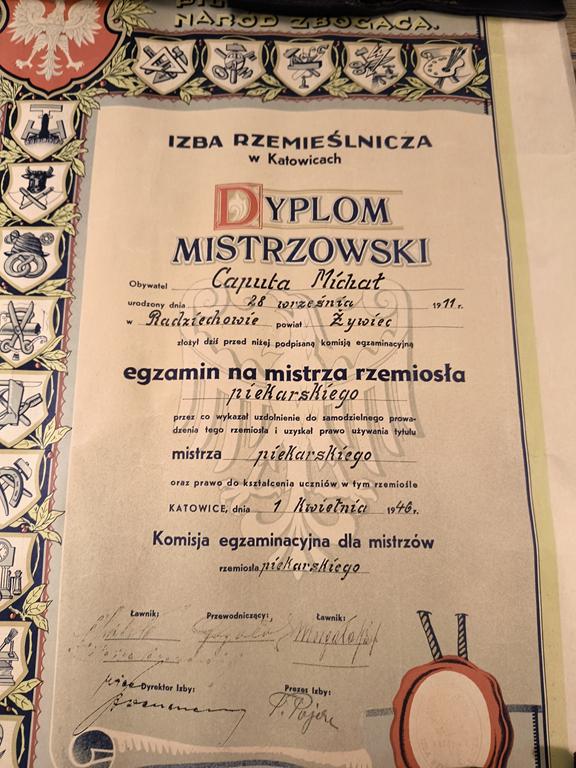Dyplom mistrzowski - rzemiosło piekarskie, Katowice, 1946 r.