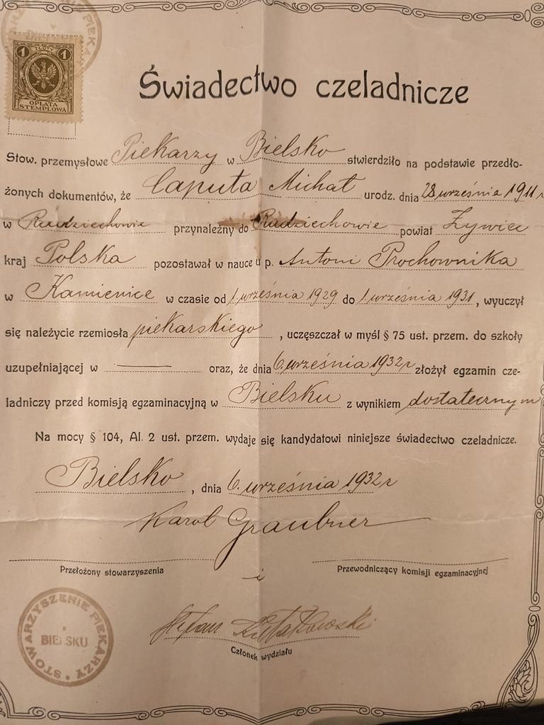 Świadectwo czeladnicze - Stowarzyszenie Piekarzy w Bielsku, 1932 r.
