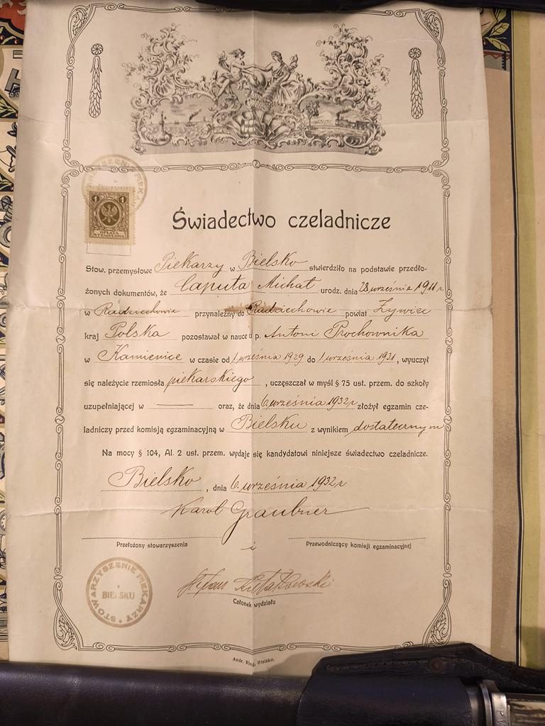 Świadectwo czeladnicze - Stowarzyszenie Piekarzy w Bielsku, 1932 r.